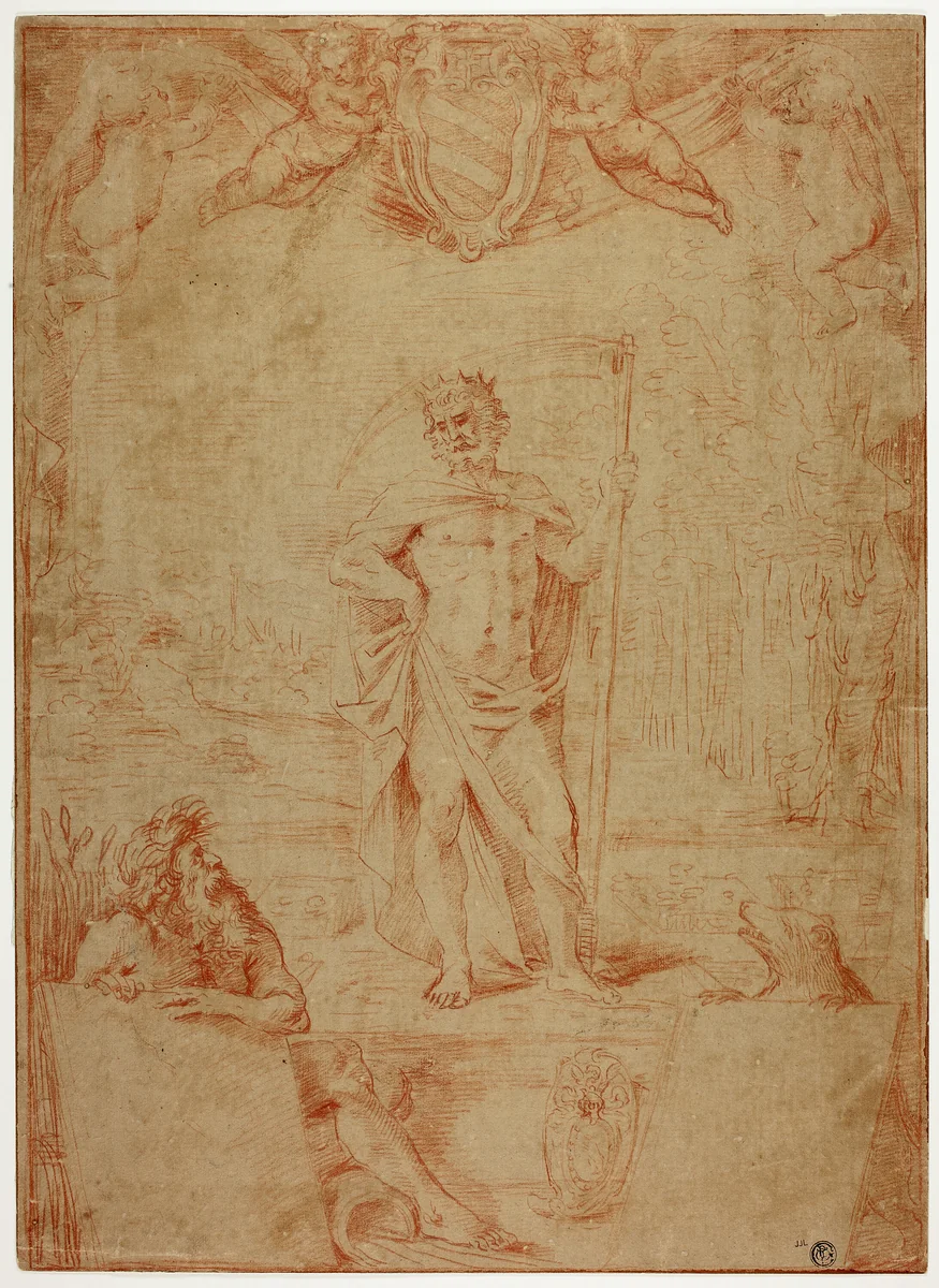 Study for Saturn Presiding over the City of Bologna, with the Arms of Cardinal Giulio Sacchetti by Giovanni Battista Coriolano, drawing, 1635-1645