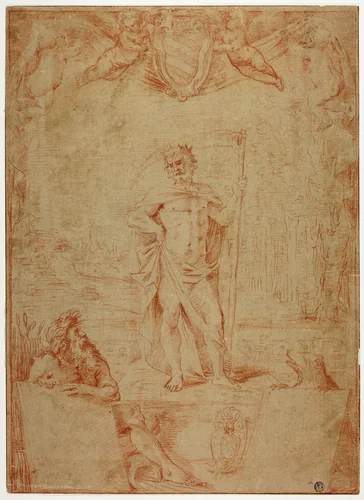 Study for Saturn Presiding over the City of Bologna, with the Arms of Cardinal Giulio Sacchetti by Giovanni Battista Coriolano, drawing, 1635-1645