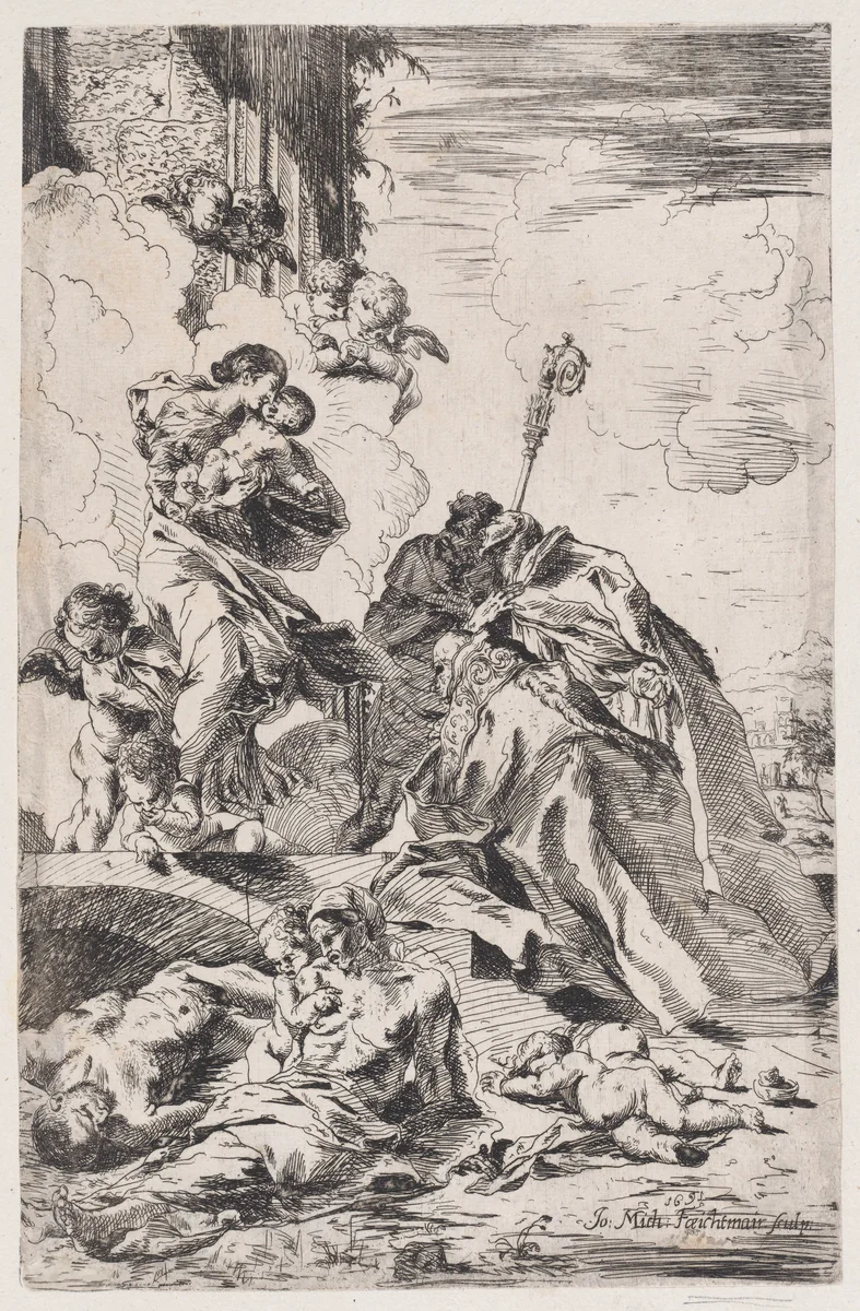 Three Lucchese saints Sts Nicholas Tolentino, Nicholas of Bari interceding with the Virgin for the victims of the plague by Johann Michael Feichtmayr, print, 1675-1725