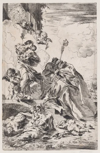 Three Lucchese saints Sts Nicholas Tolentino, Nicholas of Bari interceding with the Virgin for the victims of the plague by Johann Michael Feichtmayr, print, 1675-1725