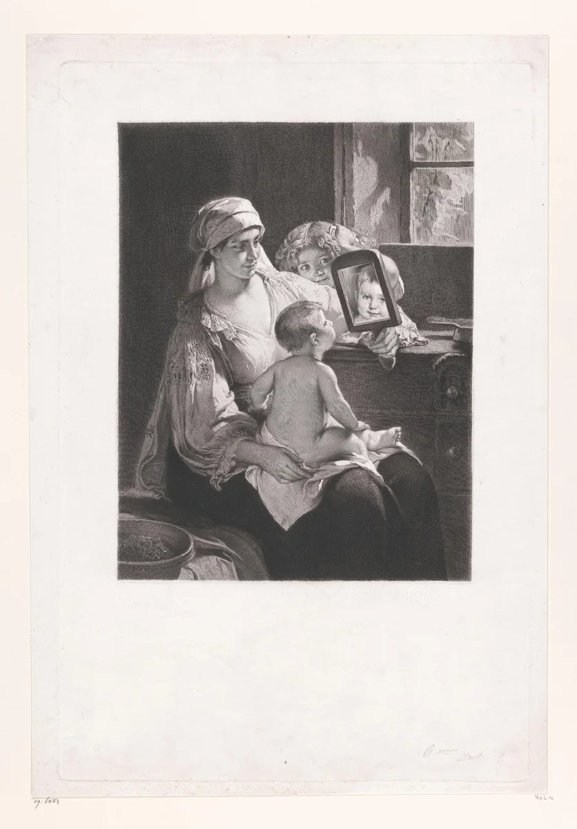 Moeder houdt een spiegel op voor het kind op schoot by Gustave Joseph Biot, print, 1862