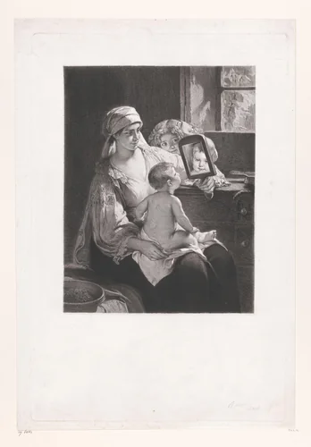 Moeder houdt een spiegel op voor het kind op schoot by Gustave Joseph Biot, print, 1862