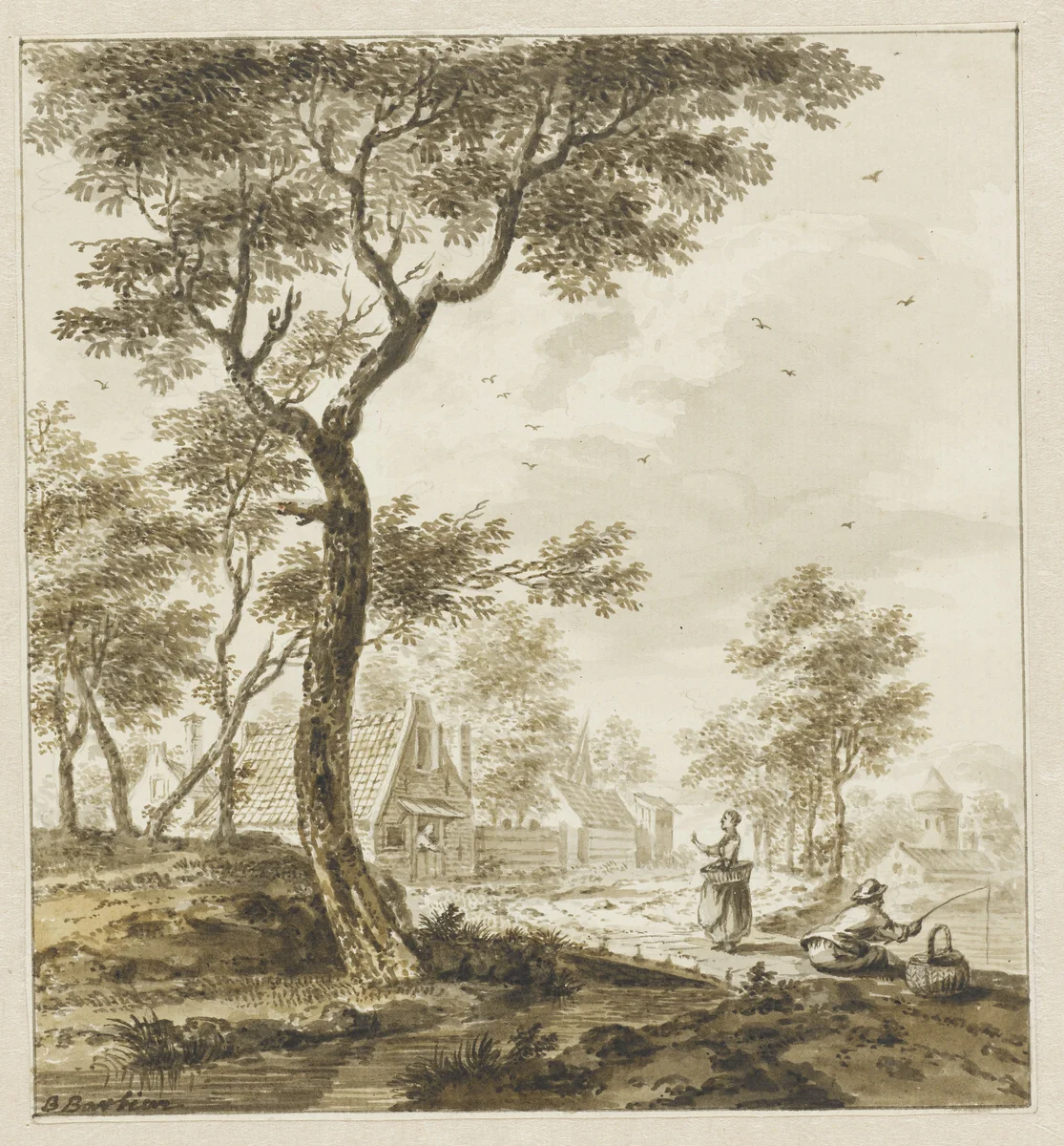 Landschap met figuren en rechts een hengelaar by Bartholomeus Barbiers, drawing, 1750-1808