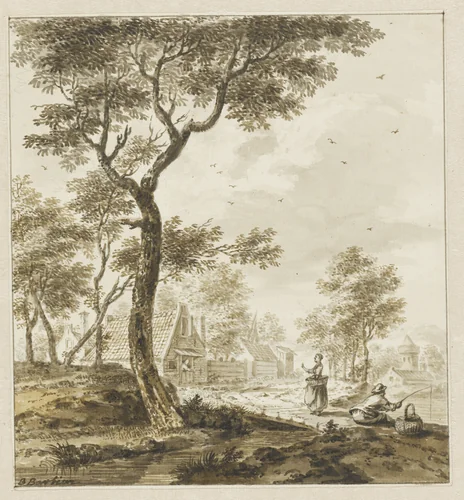 Landschap met figuren en rechts een hengelaar by Bartholomeus Barbiers, drawing, 1750-1808