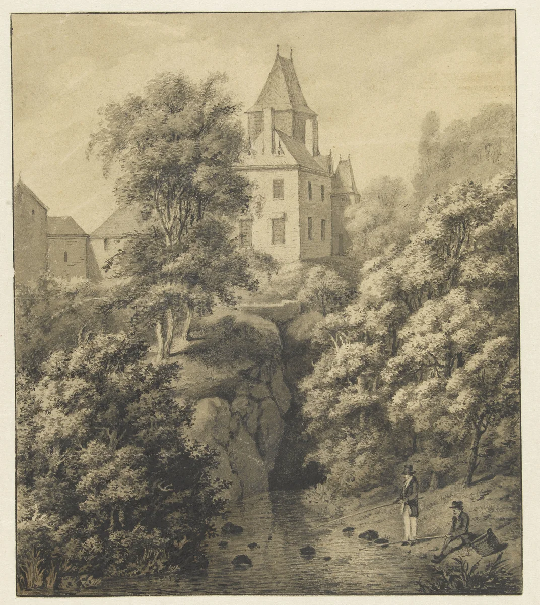 Kasteel en bergachtig landschap by Cornelis Apostool, drawing, 1822