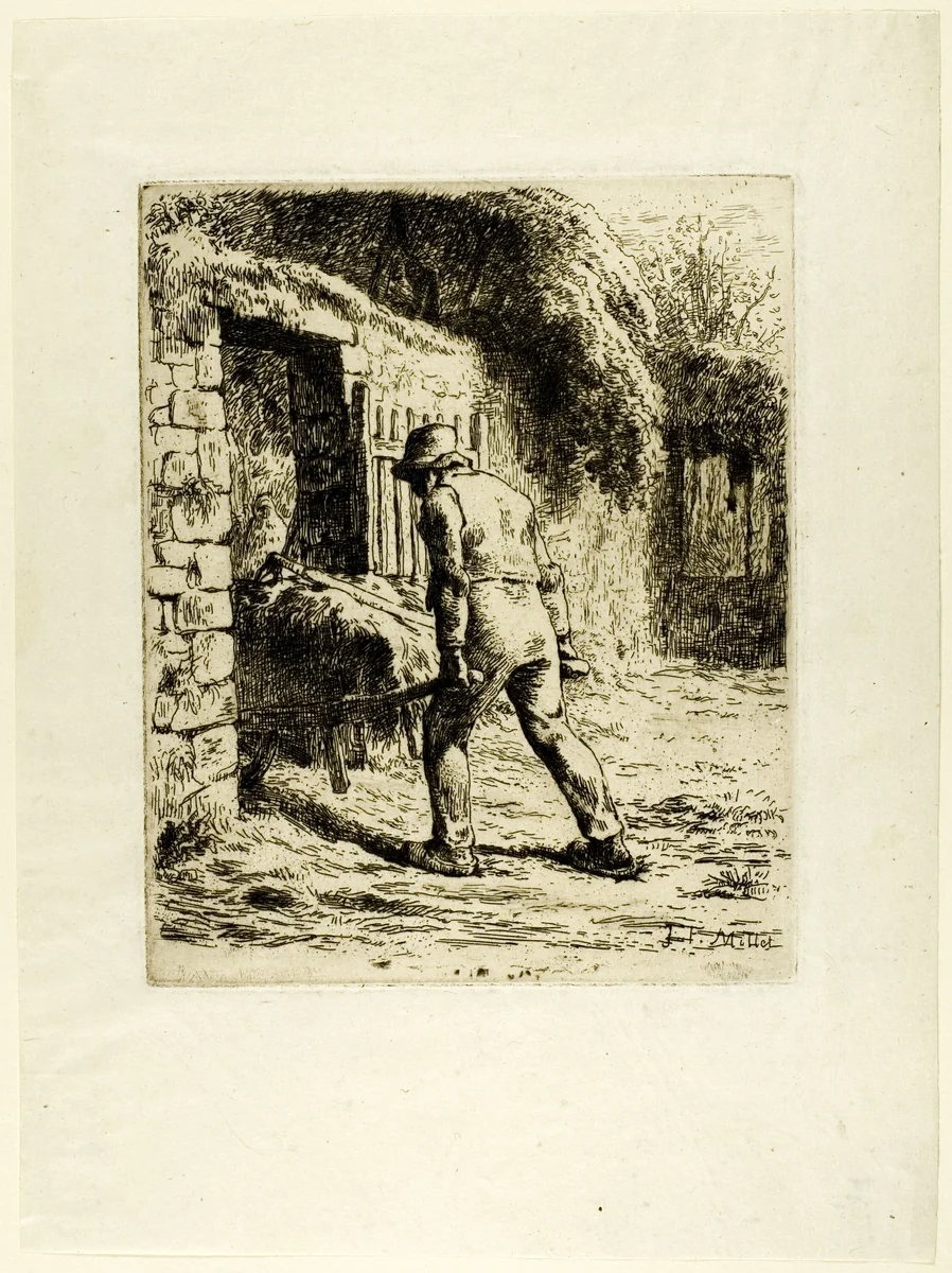 Peasant with a Wheelbarrow by Jean-François Millet, print, 1855