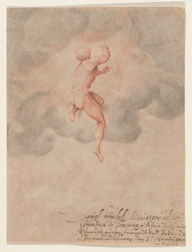 A Nude Male Seen from the Back in Clouds (after Michelangelo Buonarroti) by Daniel Fröschl, drawing, 1602