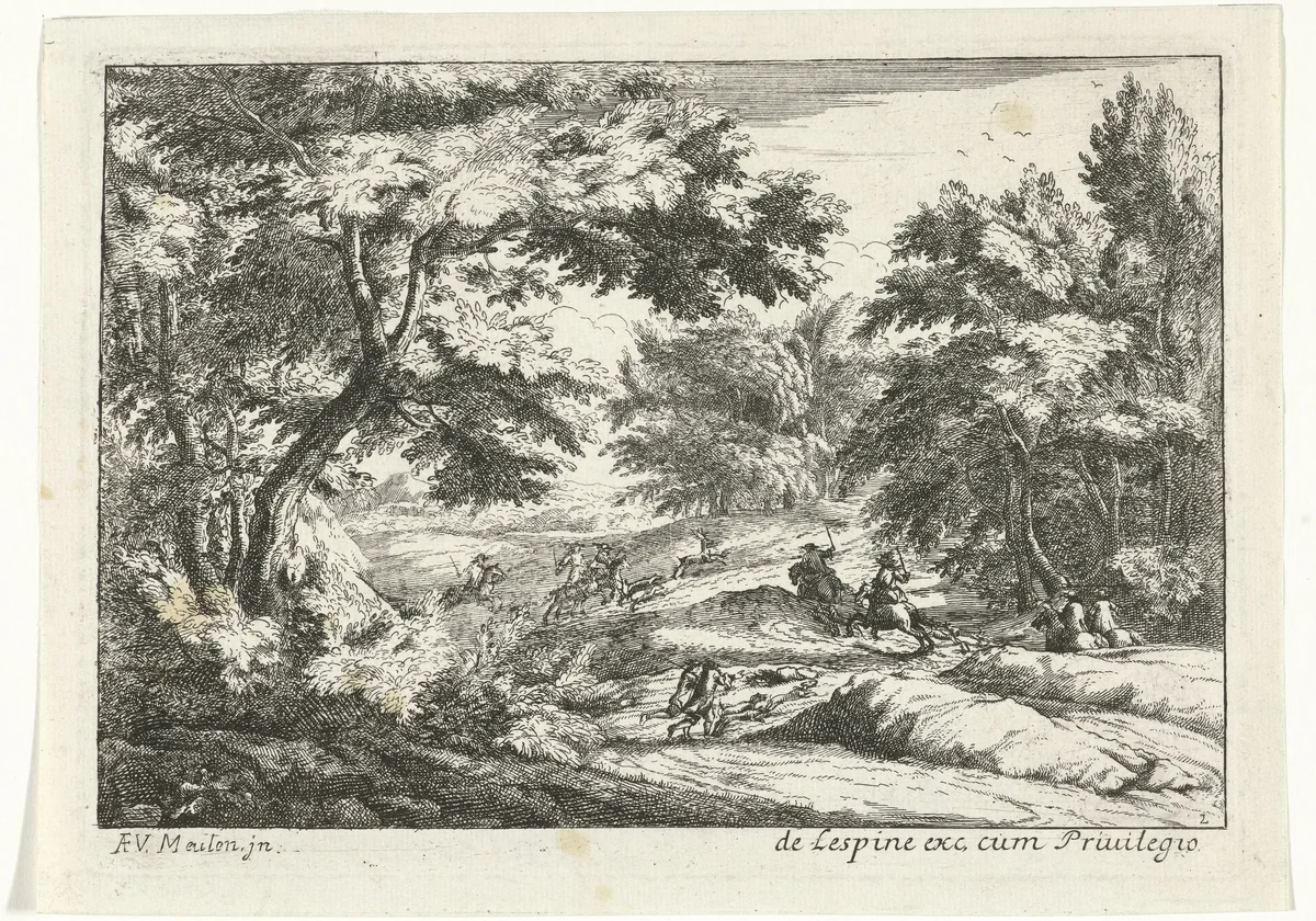 Landschap met jachttafereel by anonymous, print, 1675-1696