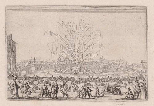 Le Feu d'Artifice sur l'Arno (Fireworks on the Arno), from "Les Caprices" Series B, The Nancy Set by Jacques Callot, print, 1617-1620