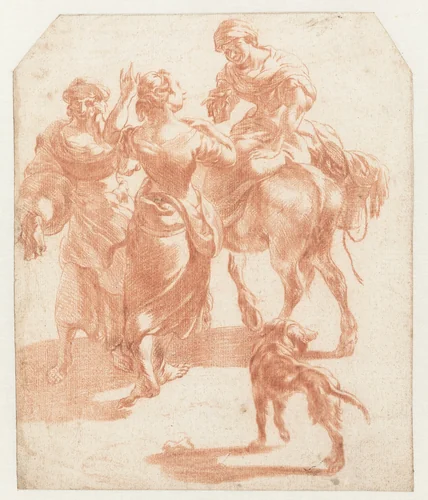 Twee lopende vrouwen en een vrouw op een ezel by Nicolaes Pietersz Berchem, drawing, 1630-1683