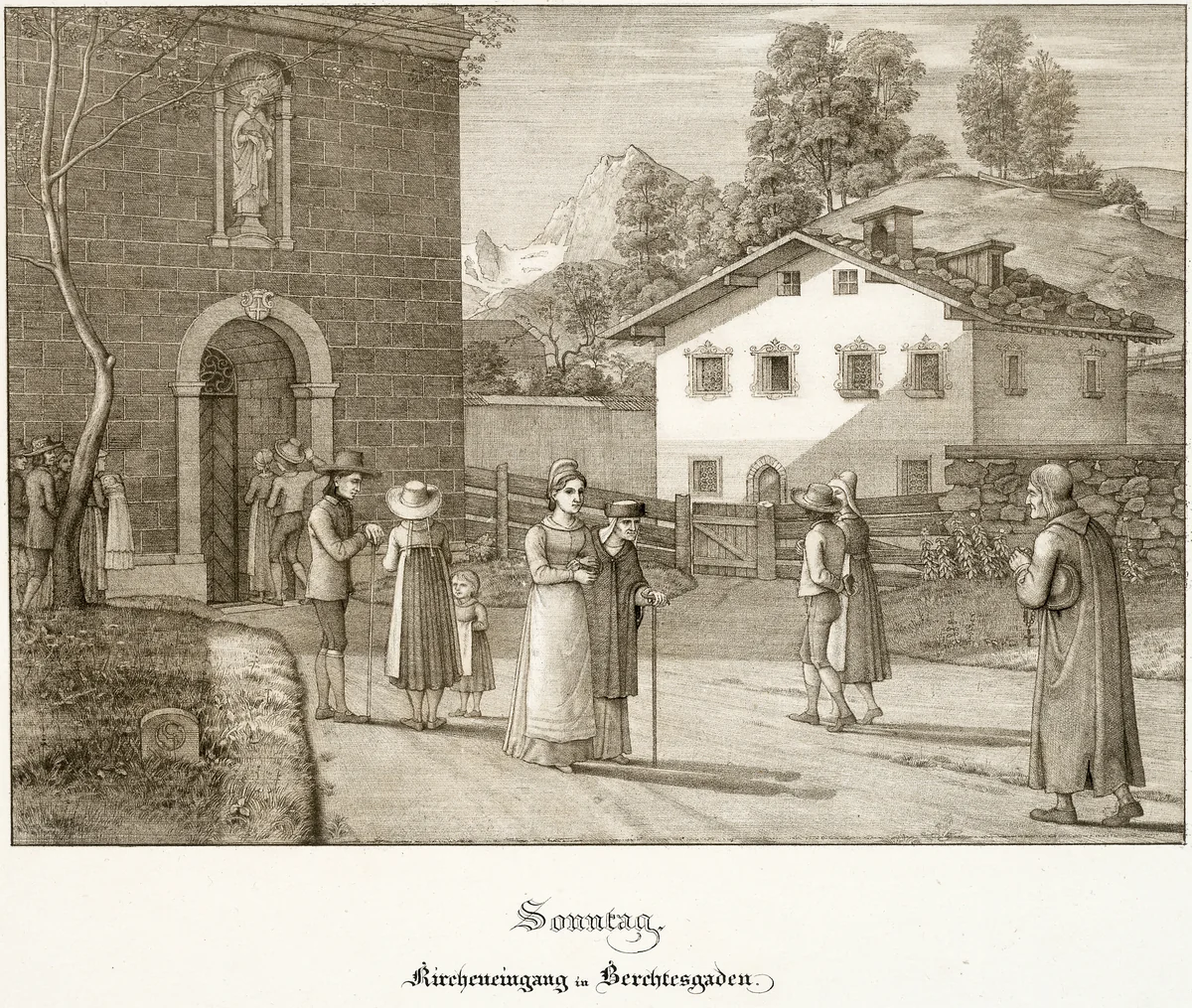 Sunday: Going to Church Near Berchtesgaden by Ferdinand Olivier, print, 1823
