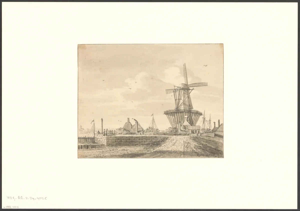 Gezicht op bolwerk Het Blauwhoofd met molen De Bok by anonymous, drawing, 1718-1879