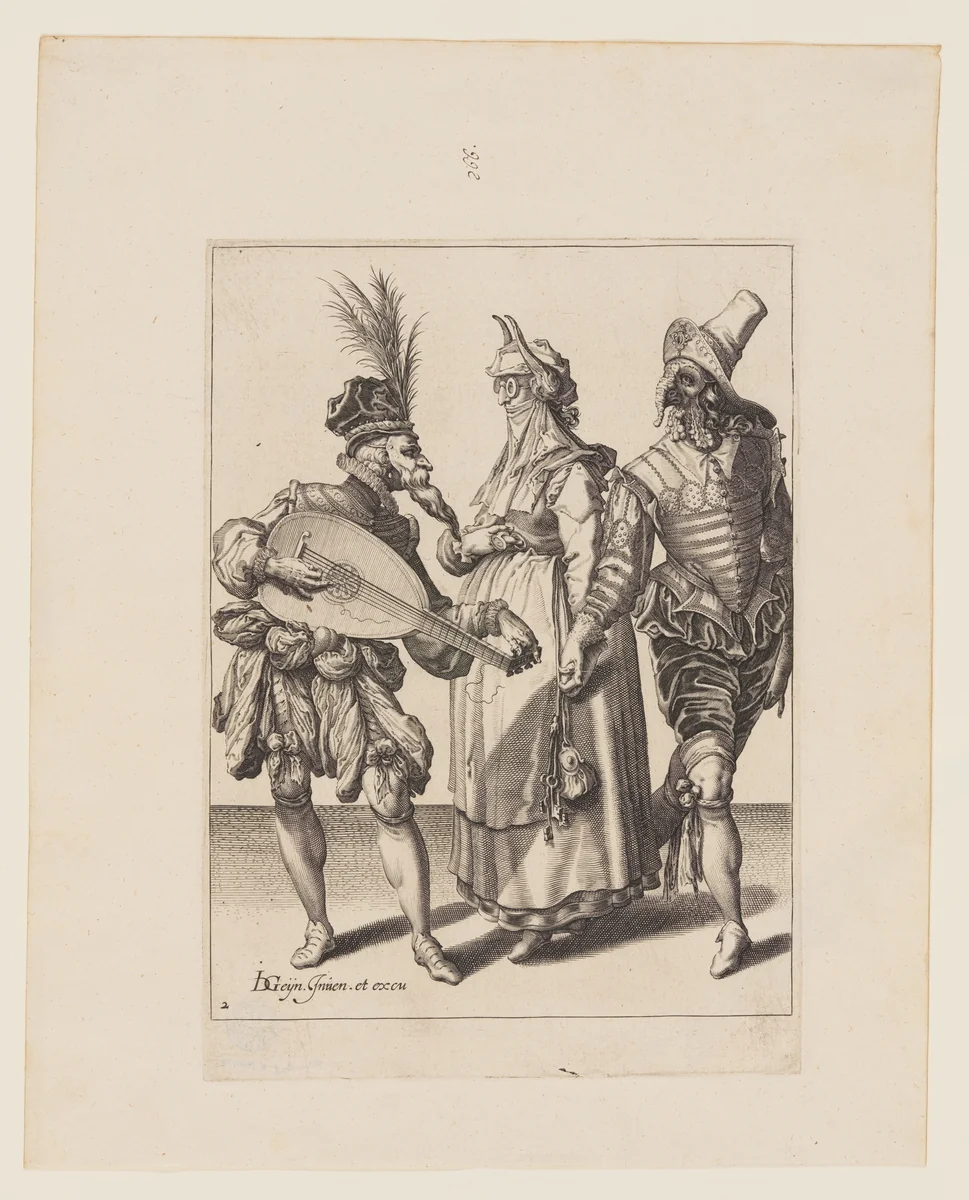 A Couple Addressed by a Lute Player, from The Masquerades by Jacques de Gheyn II, print, 1595-1596