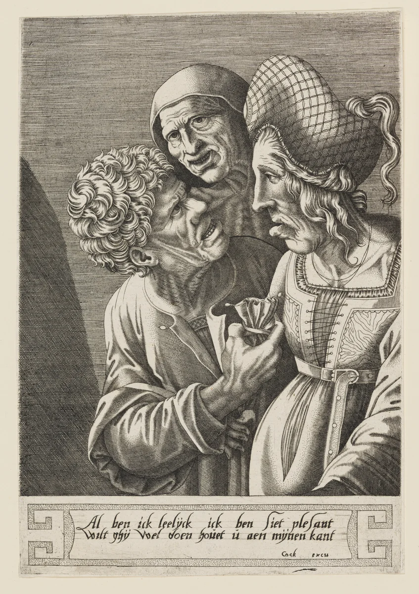 A Rich Old Woman with a Suitor and a Match Maker by Hieronymus Cock, print, 1530-1570