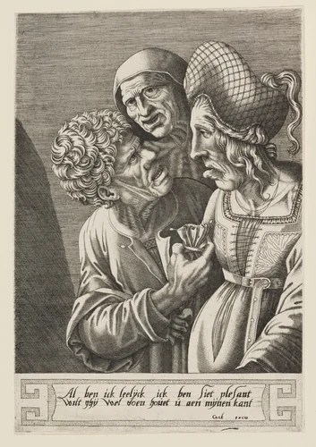 A Rich Old Woman with a Suitor and a Match Maker by Hieronymus Cock, print, 1530-1570