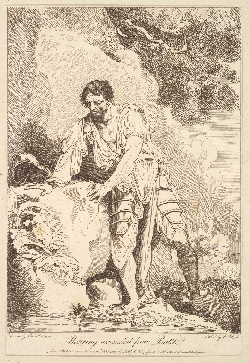 Retiring Wounded from Battle, from "Banditti Variously Employed" by Robert Blyth, print, 1779
