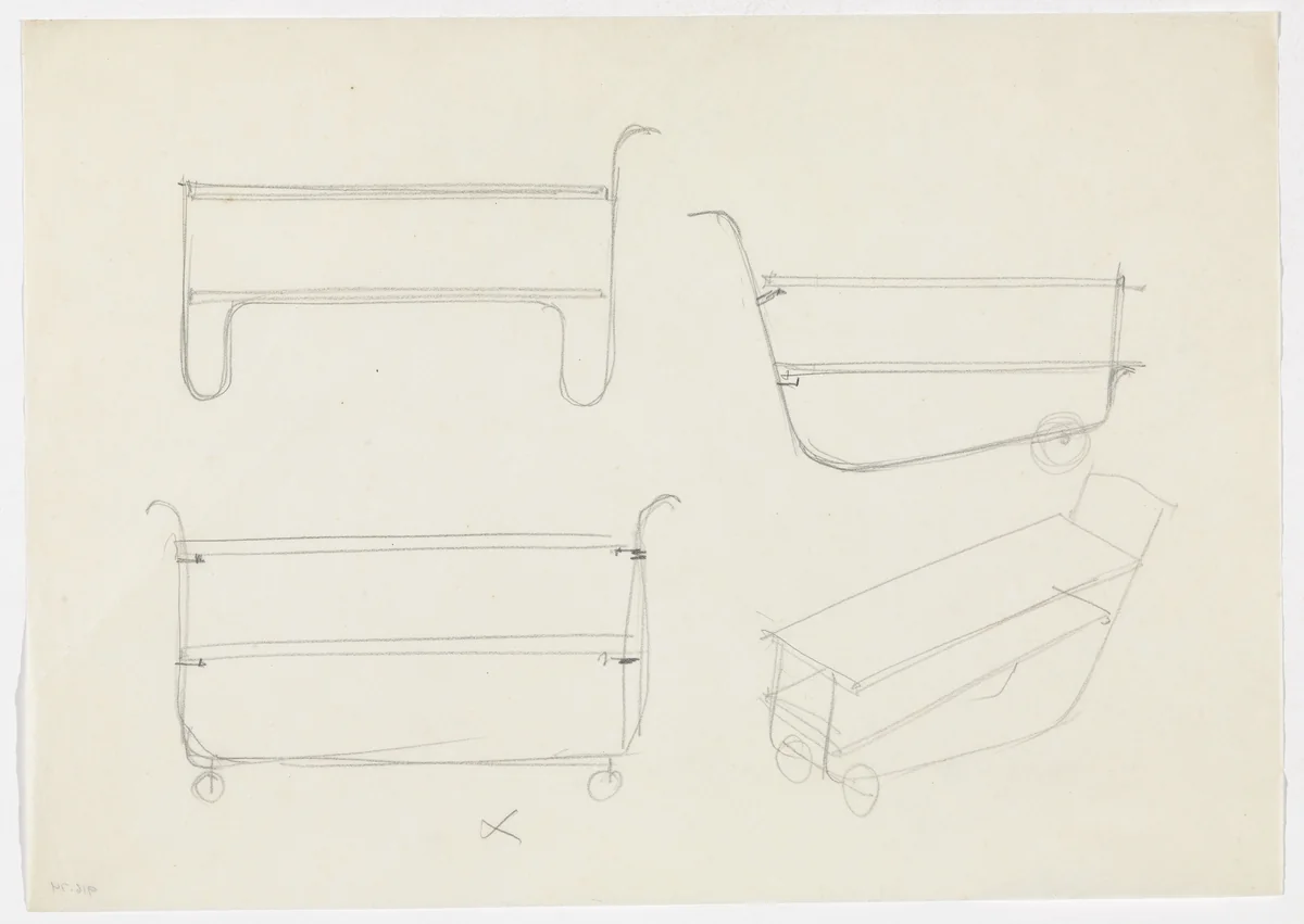 Serving Cart (Perspective sketch, elevation sketches) by Ludwig Mies van der Rohe, mies van der rohe archive, 1926