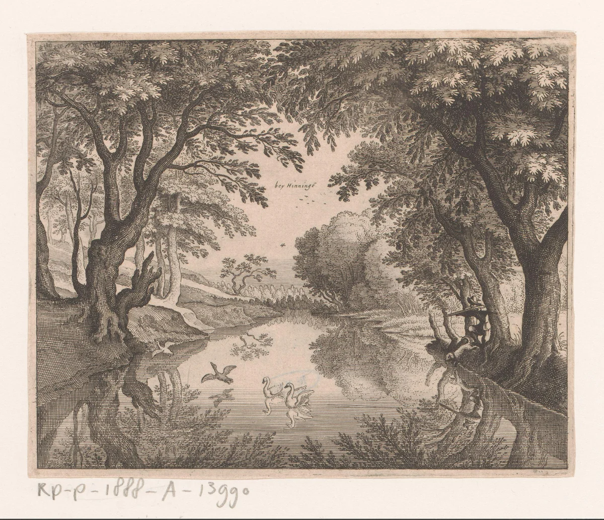 Rivierlandschap met zwanenjacht bij Huningue by Matthäus Merian, print, 1625