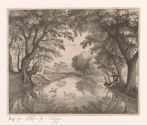 Rivierlandschap met zwanenjacht bij Huningue by Matthäus Merian, print, 1625