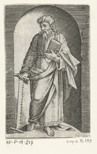 Apostel Simon Zelotes met zaag staand in nis by anonymous, print, 1517-1577