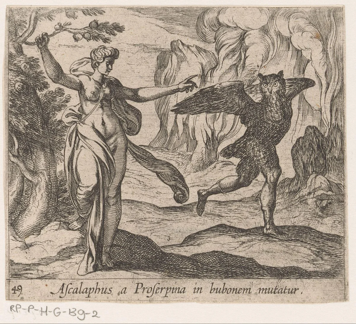 Proserpina verandert Ascalaphus in een uil by Antonio Tempesta, print, 1606-1638