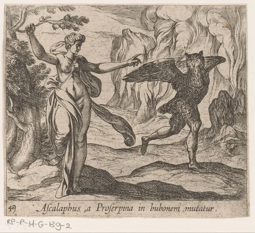 Proserpina verandert Ascalaphus in een uil by Antonio Tempesta, print, 1606-1638