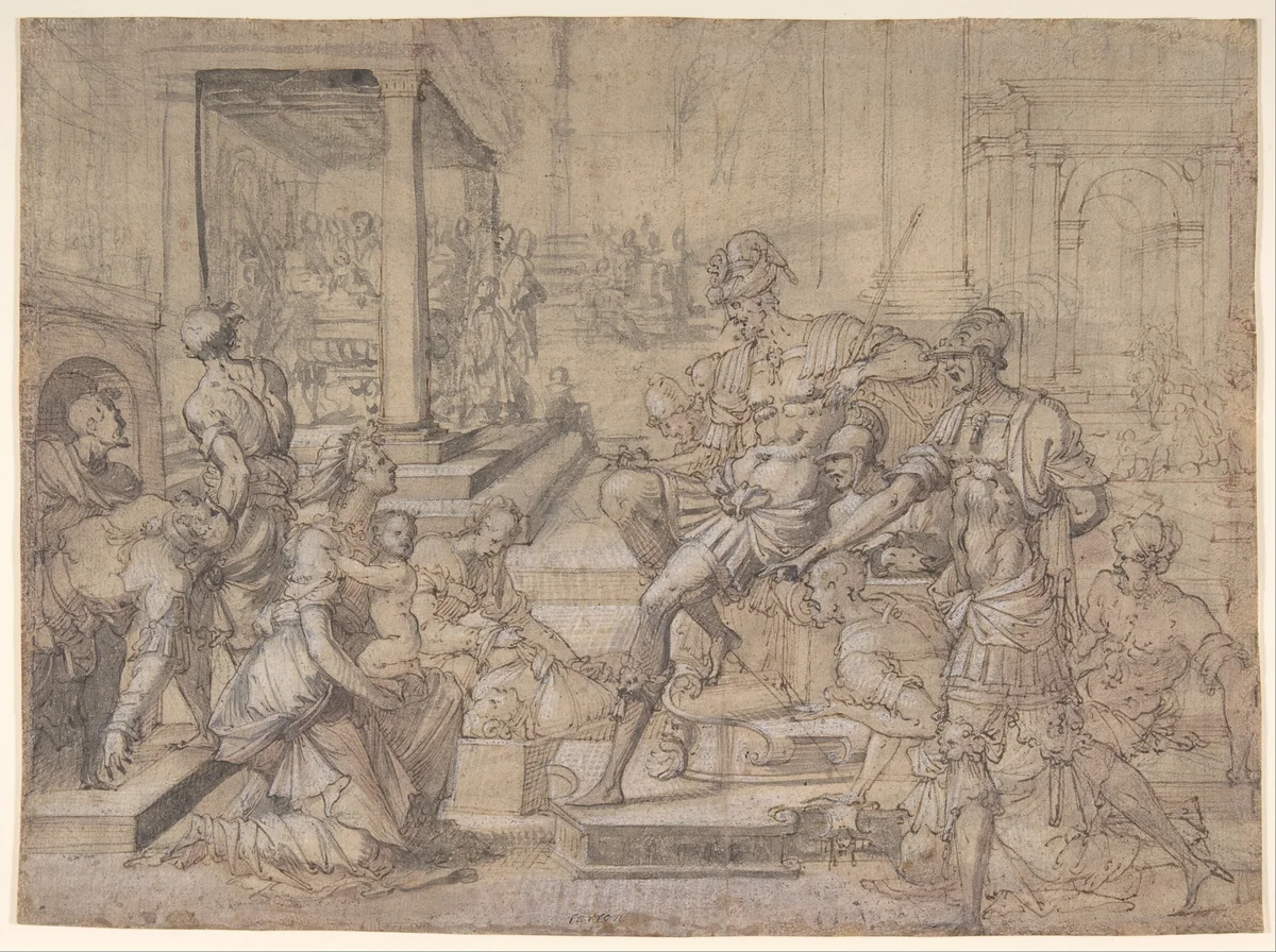 Amya Petitioning Faustus for the Custody of Saint Mamas by Jean Cousin, drawing, 1538-1548