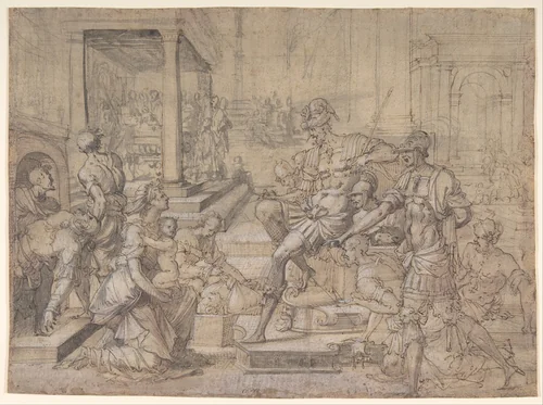 Amya Petitioning Faustus for the Custody of Saint Mamas by Jean Cousin, drawing, 1538-1548