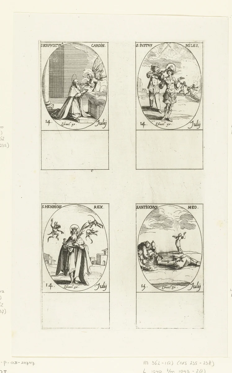Heilige Bonaventura van Lyon, Heilige Justus, Heilige Henricus II van Duitsland, Heilige Antiochus van Sebaste (14-15 juli) by Jacques Callot, print, 1632-1636