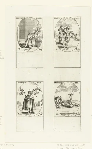 Heilige Bonaventura van Lyon, Heilige Justus, Heilige Henricus II van Duitsland, Heilige Antiochus van Sebaste (14-15 juli) by Jacques Callot, print, 1632-1636