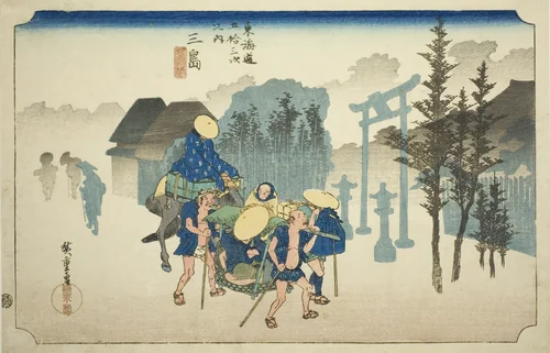 Mishima: Morning Mist (Mishima, asagiri), from the series "Fifty-three Stations of the Tokaido Road (Tokaido gojusan tsugi no uchi)," also known as the Hoeido Tokaido by Utagawa Hiroshige (歌川広重), print, 1828-1839