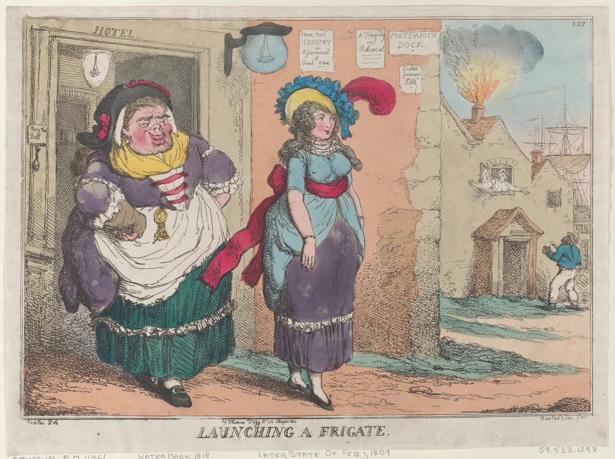 Launching a Frigate by Thomas Rowlandson, print, 1809-1818
