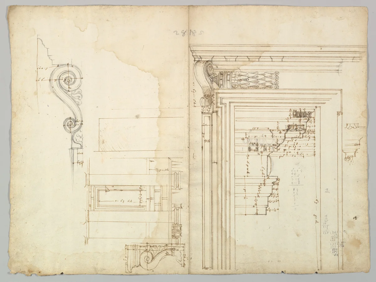 Palazzo Massimo alle Colonne, portico, elevation; portal, cornice, section; portal bracket, detail; fireplace, detail (recto) blank (verso) by anonymous, drawing, 1500-1560