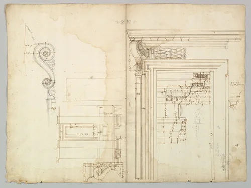 Palazzo Massimo alle Colonne, portico, elevation; portal, cornice, section; portal bracket, detail; fireplace, detail (recto) blank (verso) by anonymous, drawing, 1500-1560