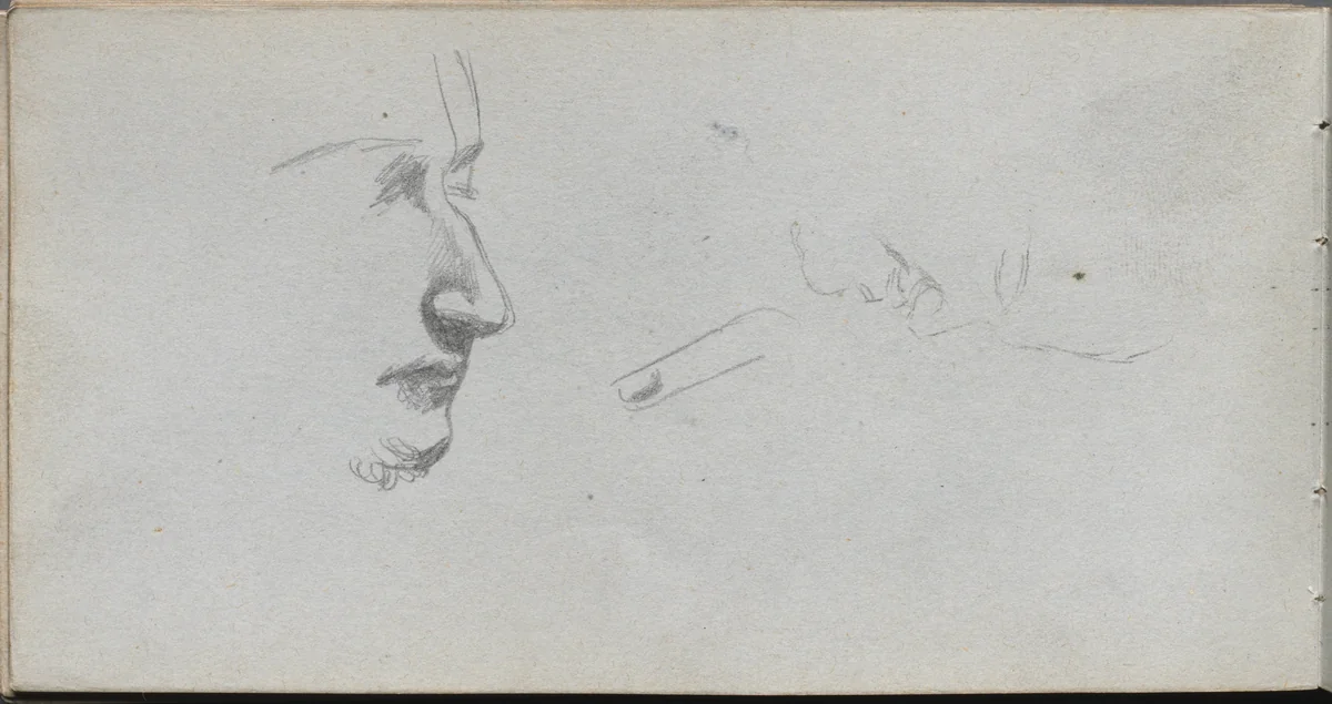 Sketchbook, page 80: Study of Faces by Ernest Meissonier, book, 1860-1869