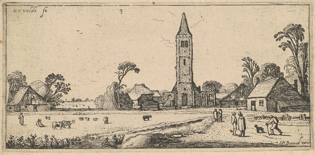 Landscape with a Meadow and a Village Church by Esaias van de Velde; Johannes Pietersz Beerendrecht, print, 1610-1620