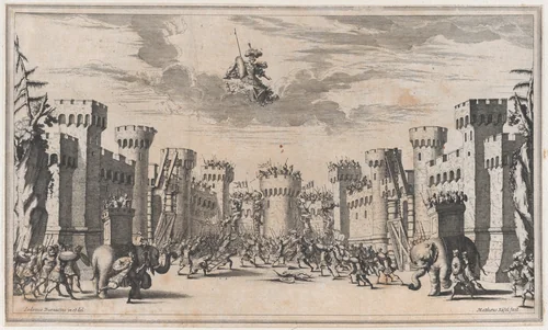 A city under siege with elephants and soldiers throughout; Mars looking down from above; set design from 'Il Pomo D'Oro' by Mathäus Küsel, print, 1668