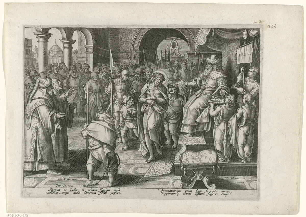 Pilatus wast zijn handen by Unknown, print, 1585-1586