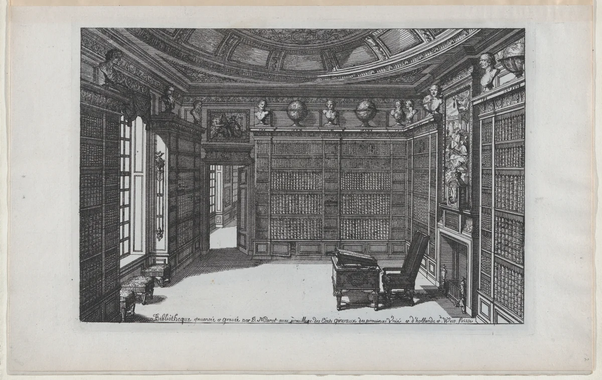 Interior of a Library, from Nouveaux Liure da Partements, part of Œuvres du Sr. D. Marot by Daniel Marot, print, 1703-1713