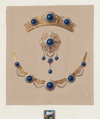 Parure of diadem, brooch and necklace with lapis lazuli and enamel by Alexis Falize, book, 1825-1875