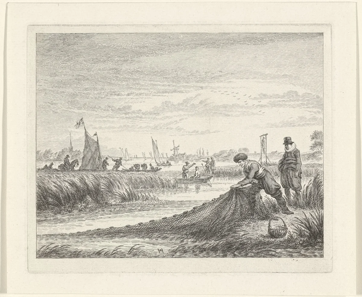 Rivierlandschap met boten nabij Amstelveen, 1624 by Simon Fokke, print, 1722-1784