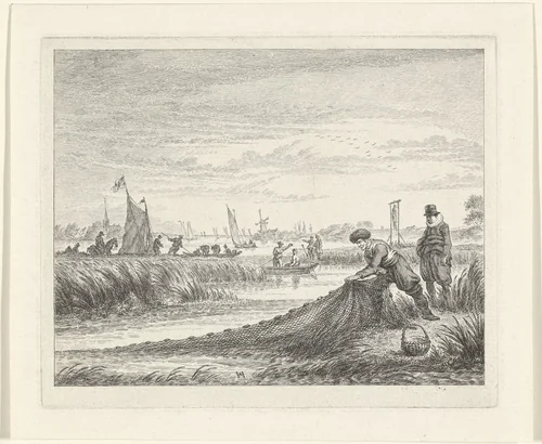 Rivierlandschap met boten nabij Amstelveen, 1624 by Simon Fokke, print, 1722-1784