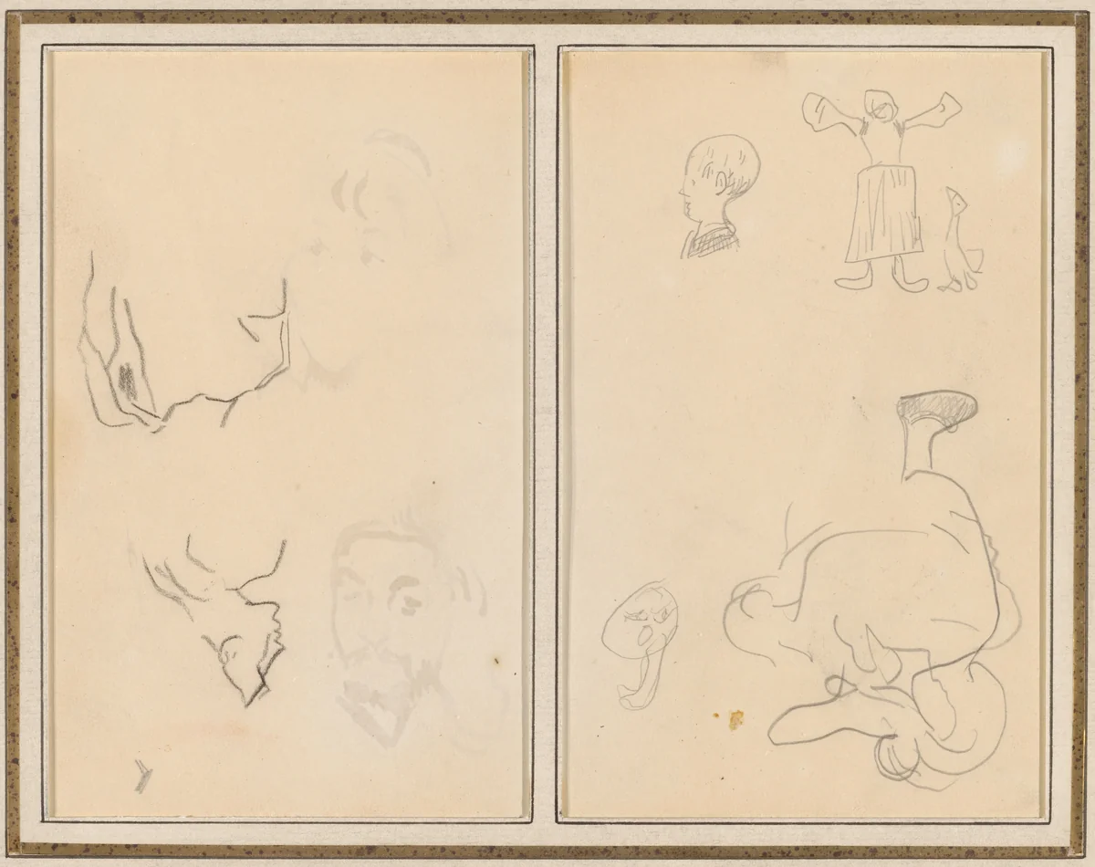 Head of a Man with a Study of His Back; Various Sketches with a Peasant Woman and a Goose [recto] by Paul Gauguin, drawing, 1884-1888