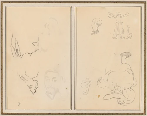 Head of a Man with a Study of His Back; Various Sketches with a Peasant Woman and a Goose [recto] by Paul Gauguin, drawing, 1884-1888