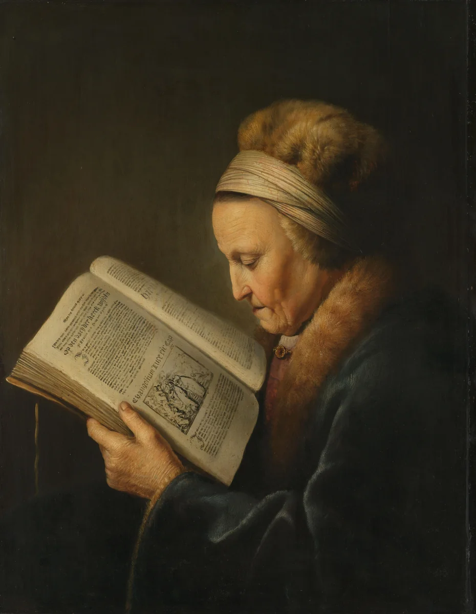 Lezende oude vrouw by Gerard Dou, painting, 1631-1632