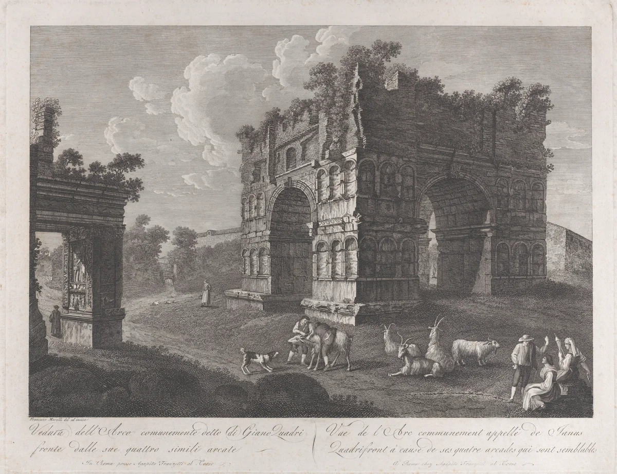 View of the Arch of Janus, with shepherds and goats in the foreground by François Morel, print, 1795-1800