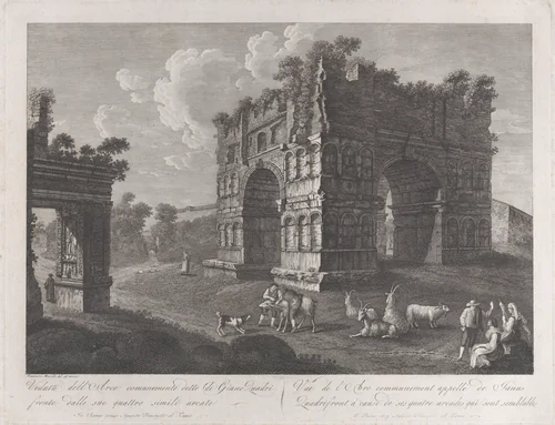View of the Arch of Janus, with shepherds and goats in the foreground by François Morel, print, 1795-1800