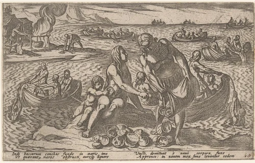 Vissers en families verzamelen oesters by Antonio Tempesta, print, 1605