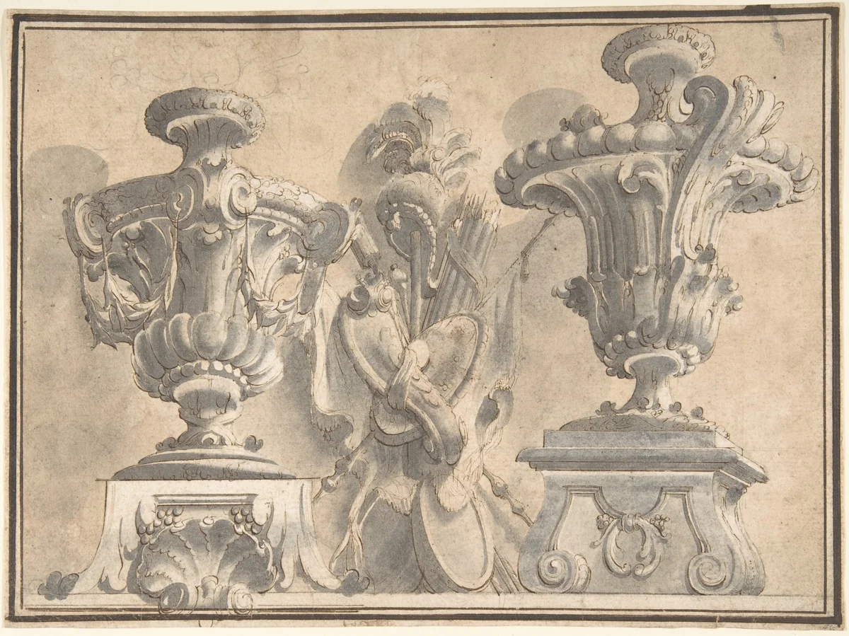 Ornamental Design with Two Urns and a Trophy by anonymous, drawing, 1700-1780