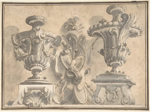 Ornamental Design with Two Urns and a Trophy by anonymous, drawing, 1700-1780